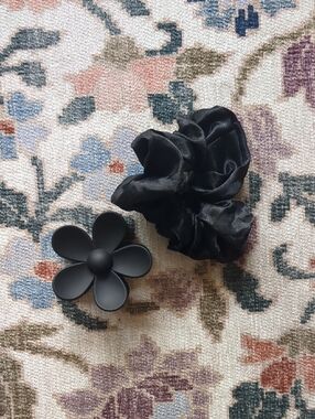 Black Floral Hair Clip and Satin Scrunchie Set - Women Accessories